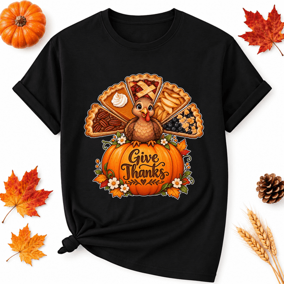 KeHetSoft Give Thanks Thanksgiving Pumpkin Cotton Graphic Unisex T-Shirt