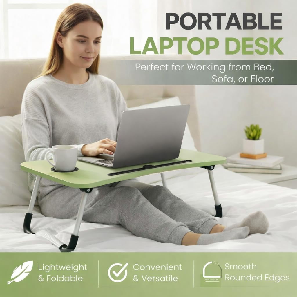WSA Foldable Lap Desk with Drawer & Cup Holder, 23.6” Portable Laptop Bed Tray Table with Tablet Slot, Non-Slip Laptop Desk for Bed Couch Sofa, Working Writing Eating Breakfast (Green)
