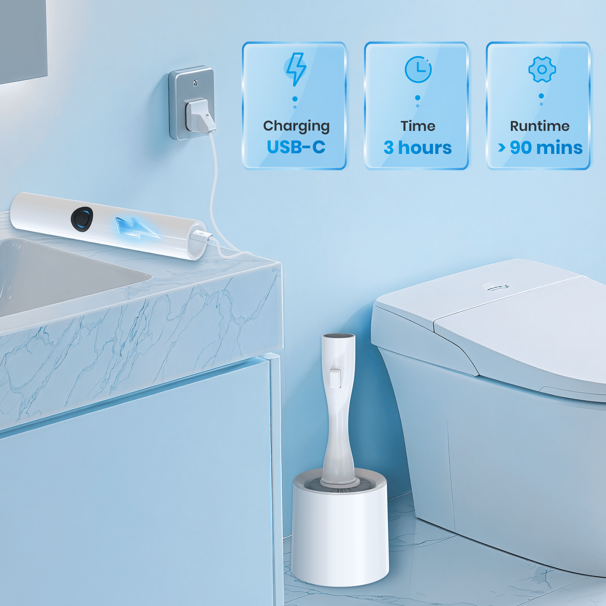 Xecessory Electric Toilet Brush and Holder Set, 8 in 1 Electric Toilet Bowl Cleaning Kit with Replaceable Brushes, Hard Nylon Brush and Soft Silicone Brush
