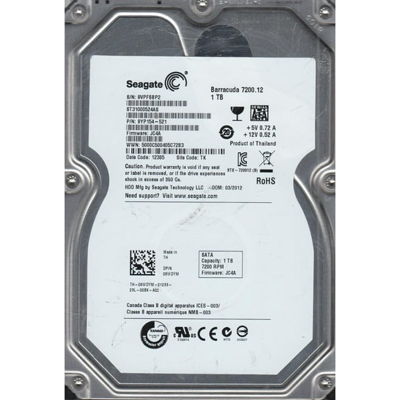 ST31000524AS, 9VP, TK, PN 9YP154-521, FW JC4A, Seagate 1TB SATA 3.5 Hard Drive