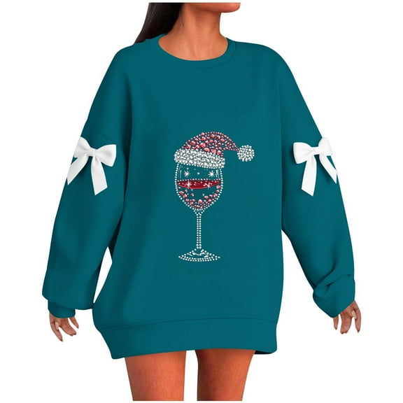 Christmas Sweatshirt for Women Funny Wine Glass Print Pullover Long Sleeve Holiday Tops Casual Winter Sweaters