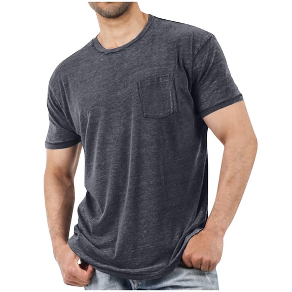 Blczomt Solid Color Big and Tall Shirts for Men Casual Short Sleeve T Shirts Plain Gray Pockets Summer Crew Neck Clothing