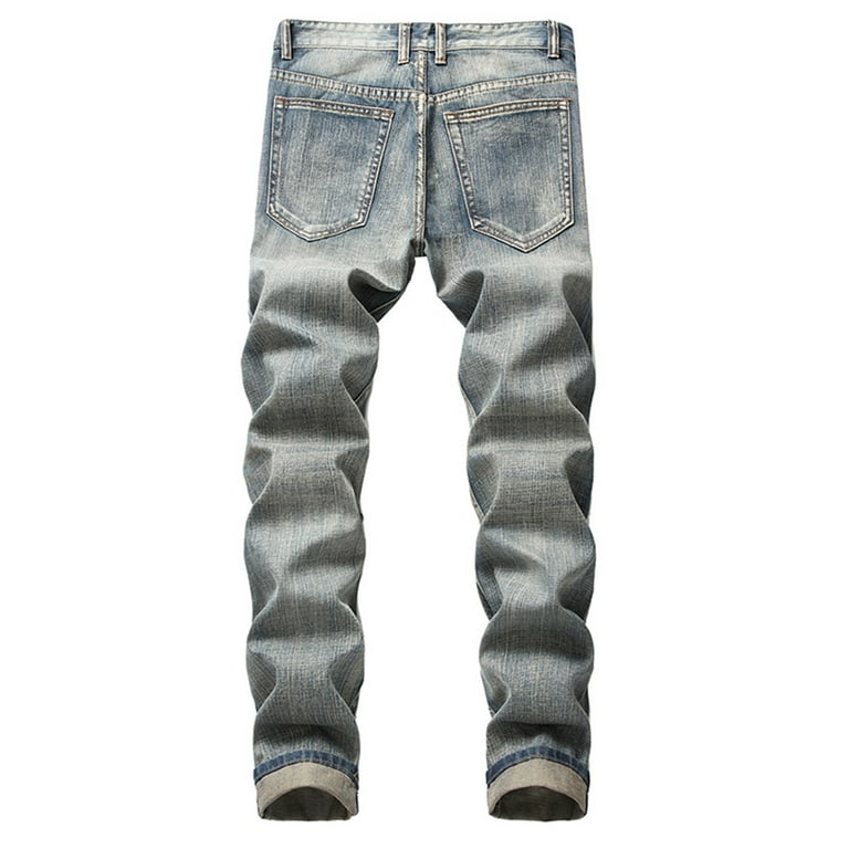 Fashion Mens Ripped Jeans Destroyed Slim Fit Straight Casual Washed Vintage  Pants with Holes 