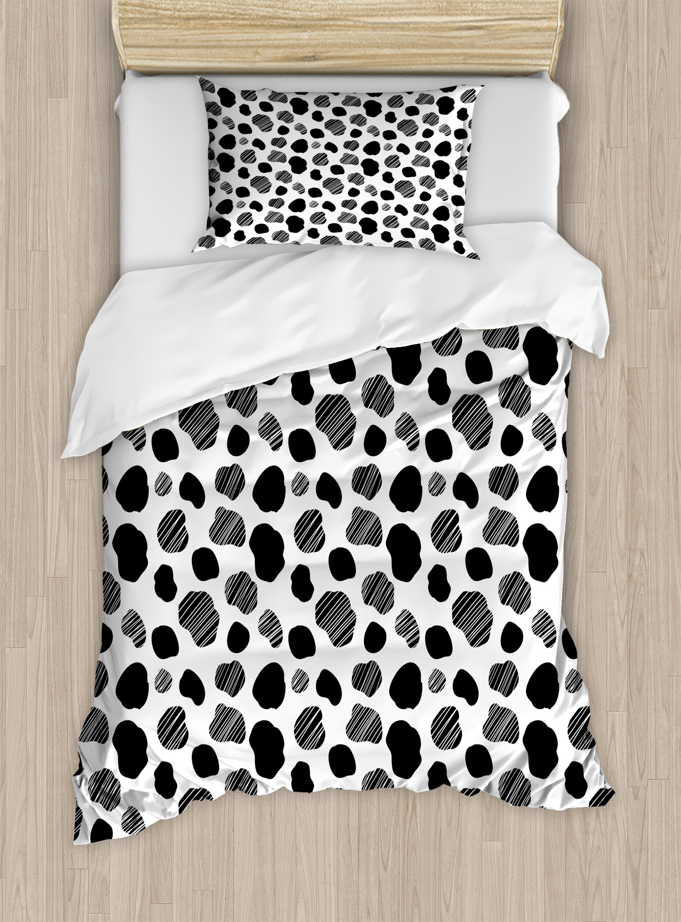 Cow Print Twin Size Duvet Cover Set, Black and White Striped Dots with