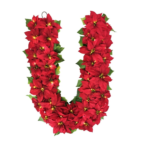 Puleo International 6' x 12" Pre-Lit Battery-Operated Artificial Red Poinsettia Garland