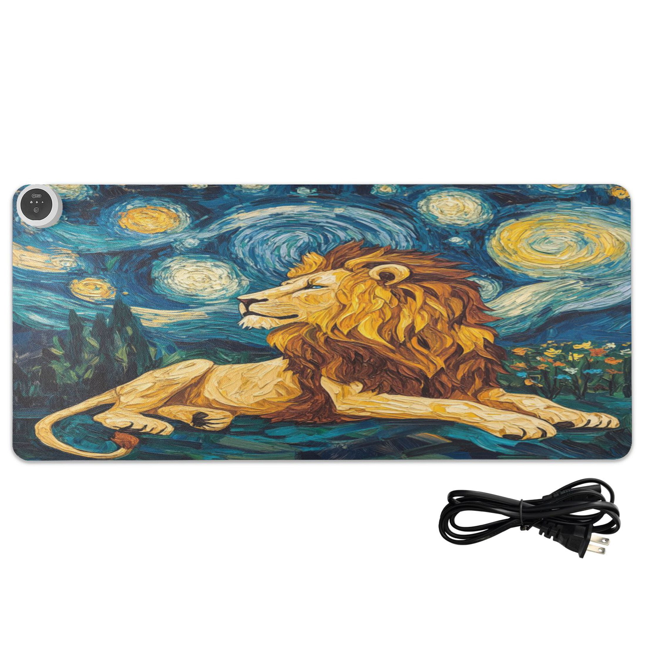 Wobogo Golden Lion King Heated Mouse Pad Extra-Large Desk Mat With 3 Heating Levels and 3-hour Auto Shut-Off Protection Ideal for Computer Keyboards Home Office Hand-warming Essential 31.5in × 13in