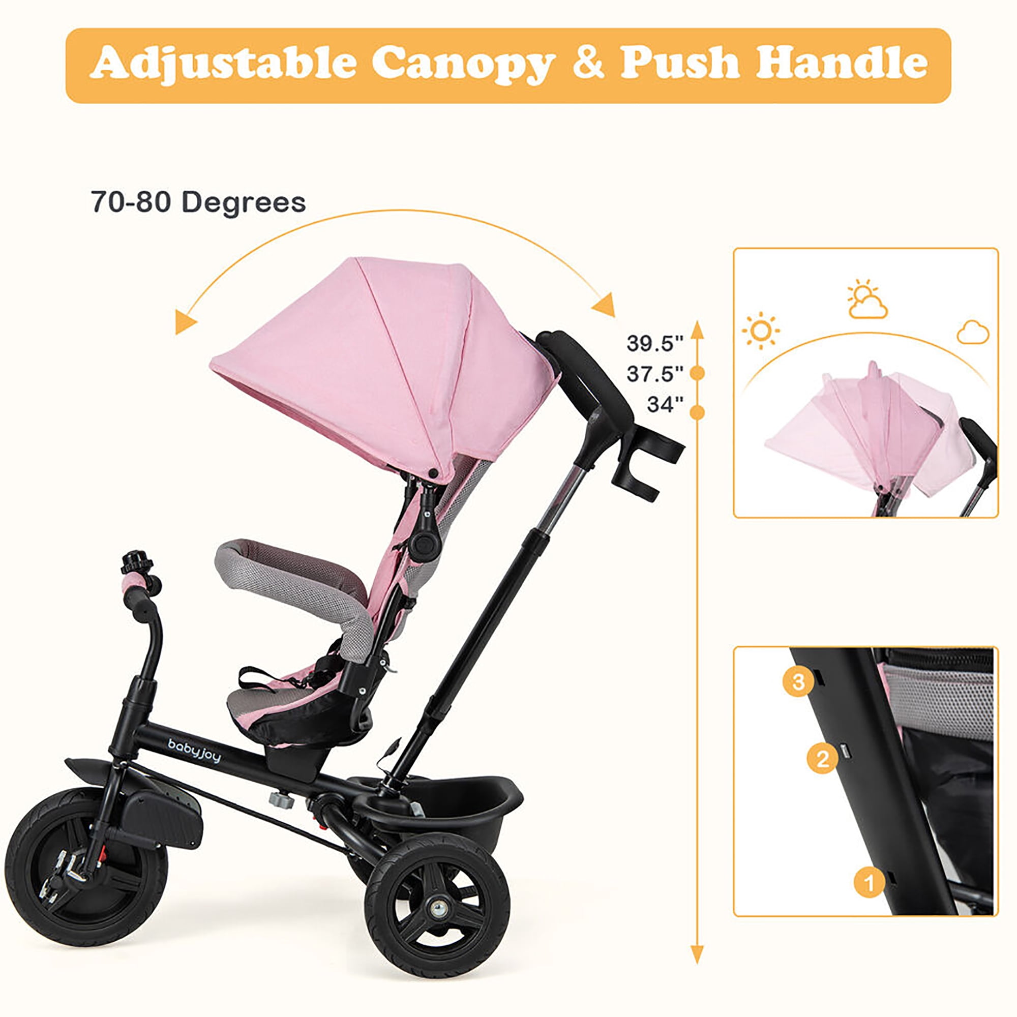 Gymax 4-in-1 Baby Tricycle Toddler Trike w/ Reversible Seat Canopy & Push Handle Pink