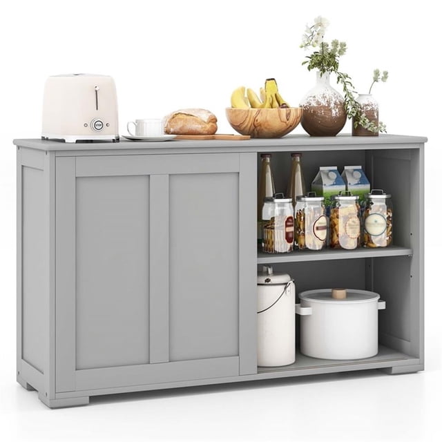 Pemberly Row Kitchen Storage Cabinet Sideboard Buffet Cupboard Wood Sliding Door