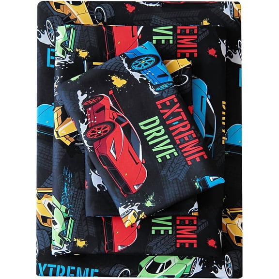 Twin Sheets Set Kids, Soft Microfiber Bed Sheet for Boy Girls, 3 Pieces Breathable Race car Black