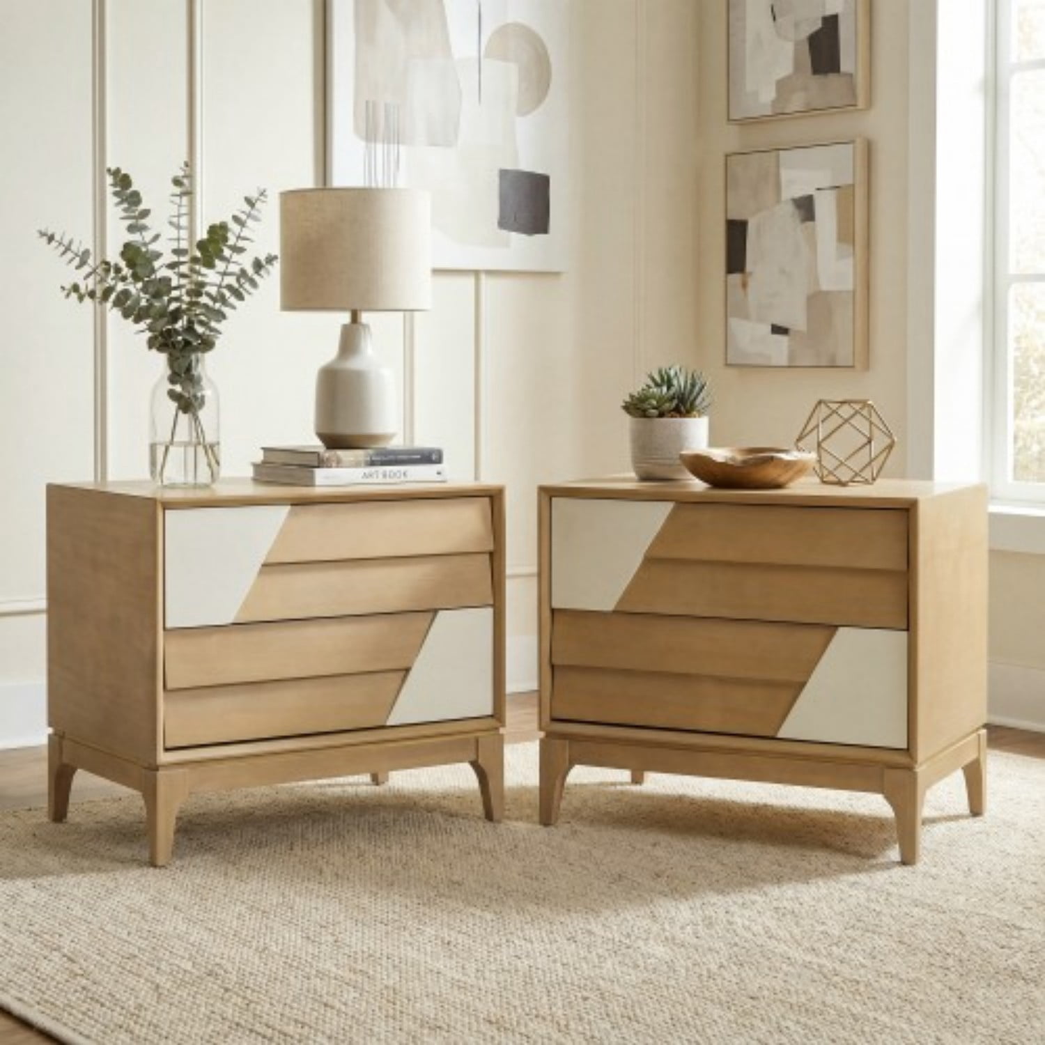 Modern 2-Drawer Nightstand with Japandi Style Geometric Design, Natural & Cream White Bedside Table with Angled Patchwork Detail, Wood End Table for Bedroom, Living Room