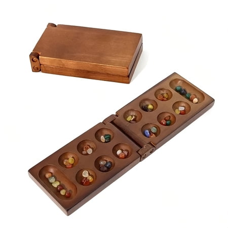 Luxury Folding Wooden Mancala Game Set with Natural Gemstones, Portable Board Game for Family Party Travel, Multiplayer Strategy Game Gift for Adults