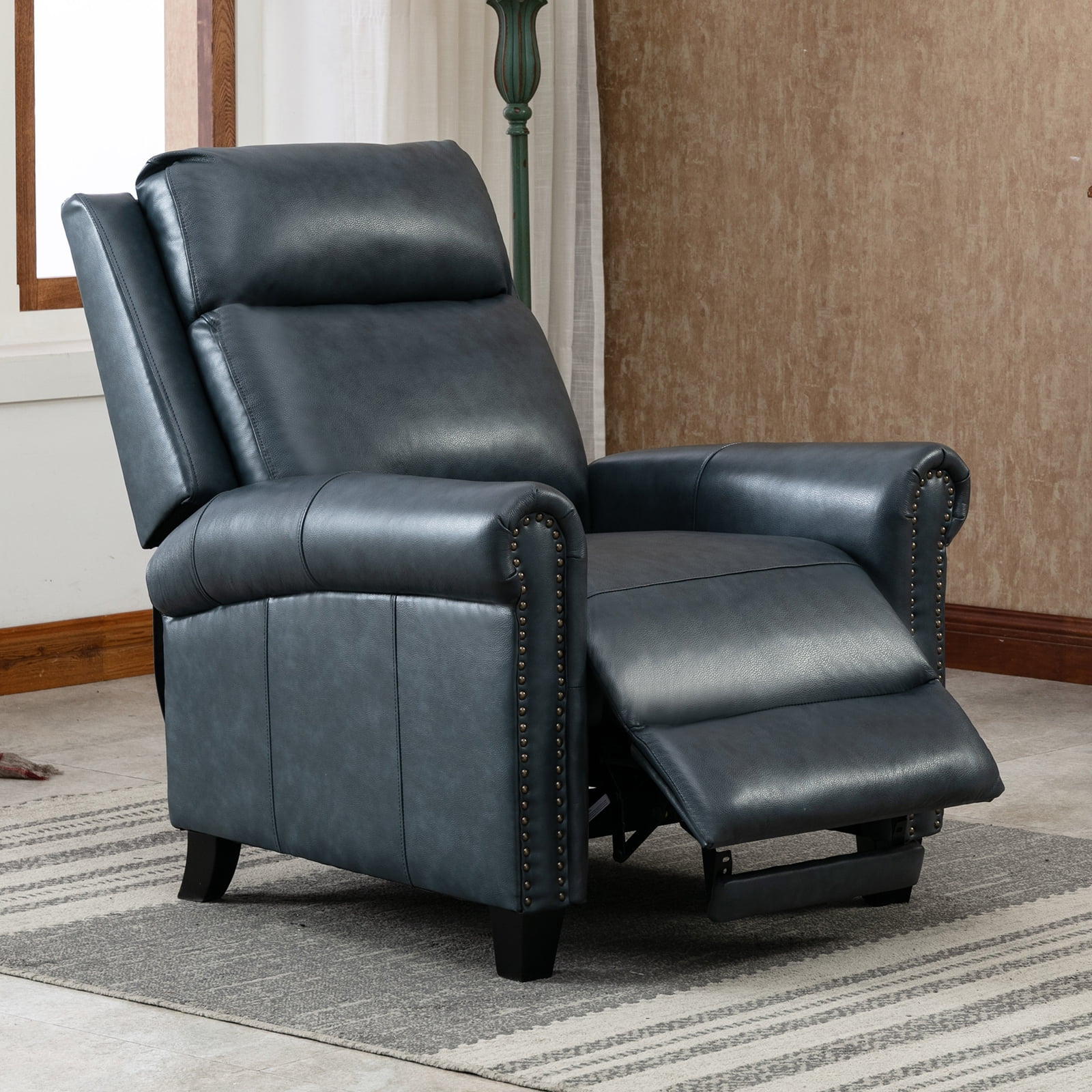 Bonzy Home Genuine Leather Recliner Push Back Recline Chair with Classic and Traditional Armrests Inlaid with Vintage Rivets, Navy