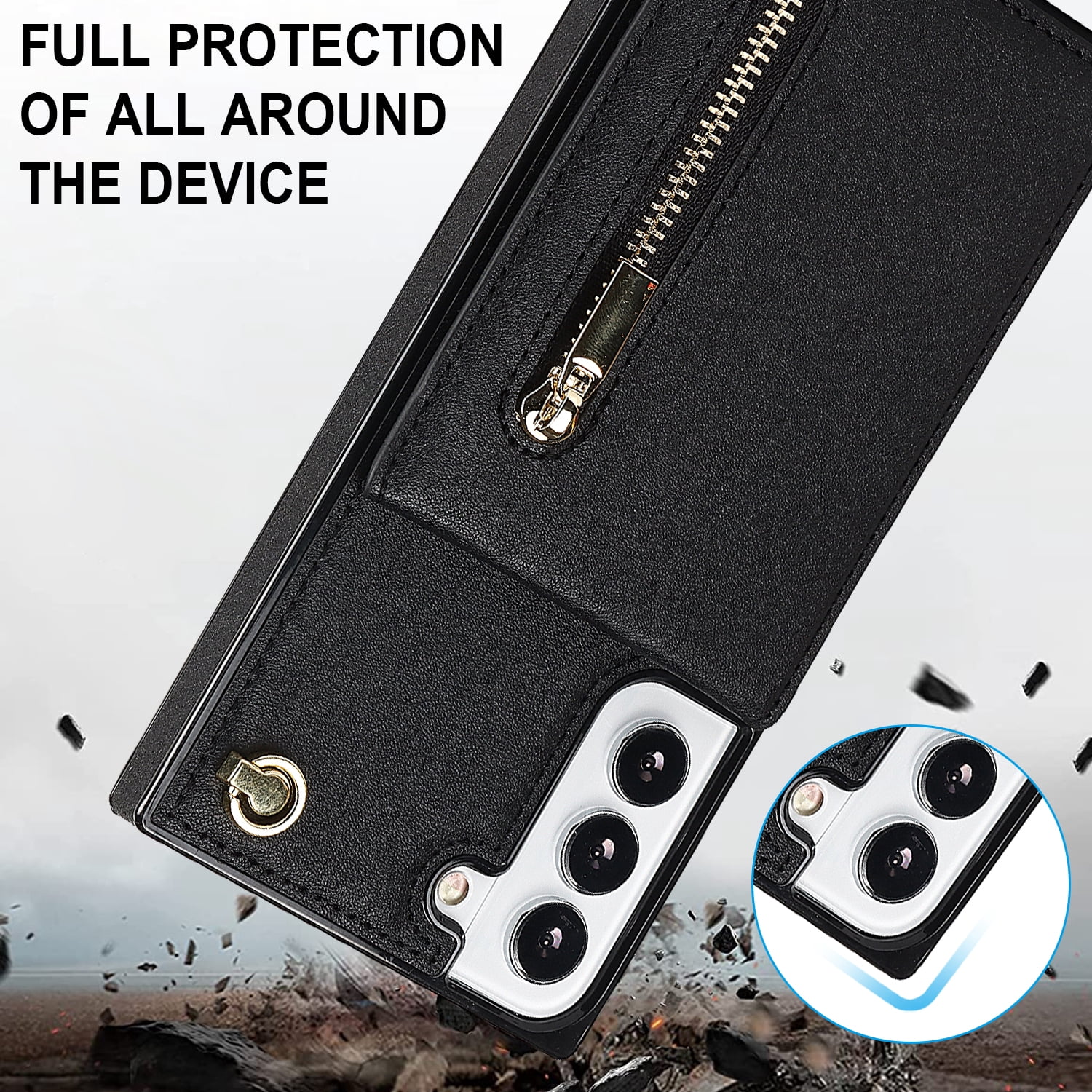 Dteck Flip Leather Wallet Case for Samsung Galaxy S24 Plus, Crossbody Wallet Case with Credit Card Holder Zipper Pocket Lanyard Shoulder Strap, Kickstand Phone Cover for Samsung S24 Plus,Black