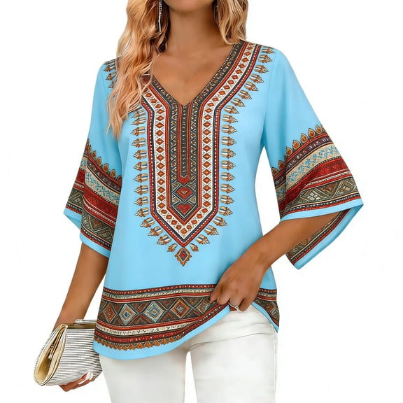 Cilsoka Fashion Tops for Women Trendy Plus Size, Women's Ruffle 3/4 Sleeve Floral Tunic Tops V Neck Double Layers Loose Fit Chiffon Flowy Blouses Shirt, Floral Print Tshirts