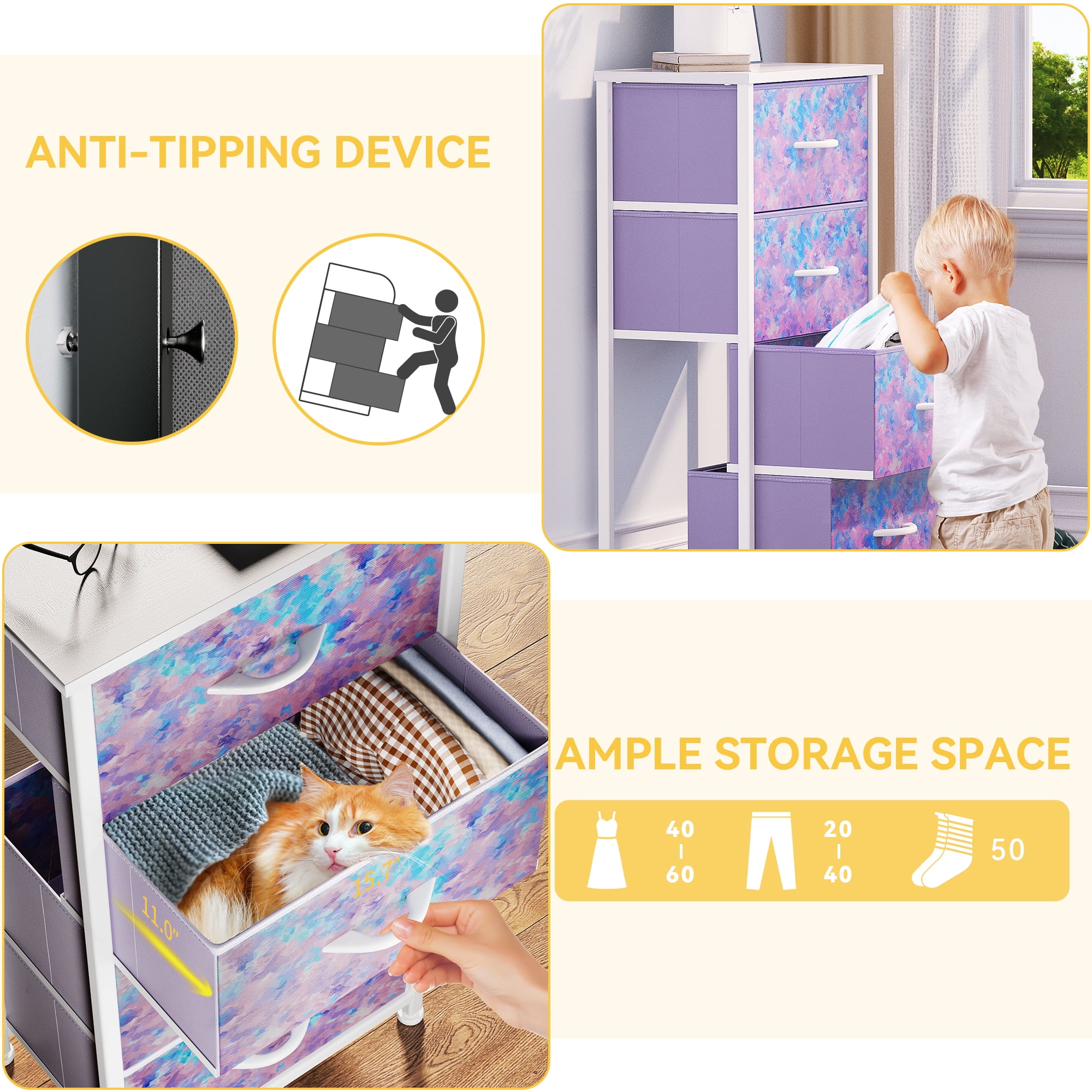 Uforic 4 Drawer Dresser Fabric Chest of Drawers Furniture Storage Organizer for Living Room,,Hallway, Tie-dye Purple