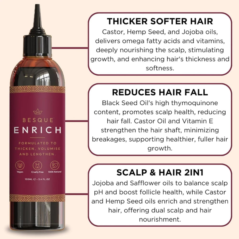 Besque Enrich Hair Oil, 1.69 FL OZ, with Castor Oil and Black Seed Oil, Suitable for All Hair Types