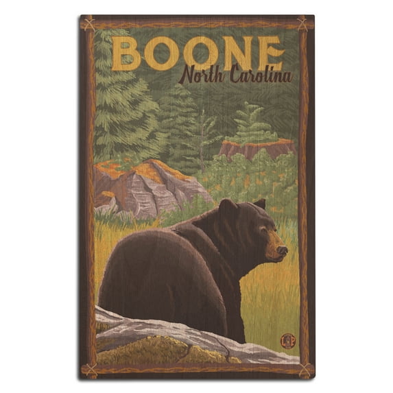 Boone, North Carolina, Black Bear in Forest Birch Wood Wall Sign (12x18 Rustic Home Decor, Ready to Hang Art)