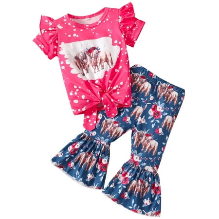 

ZRBYWB Toddler Girls Clothes Flutter Sleeves Kids Cow Head Top Print Outfits Set Bell Bottom Pants Flared Girls Clothes Outfits Set