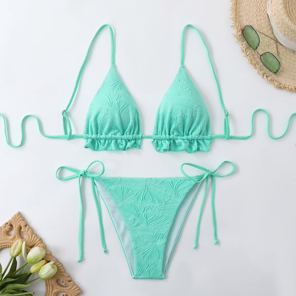 YTCAMLO Two Piece Bikini Sets for Women Summer Fashion Adjustable String Swimsuit Top Side Tie Bottoms Triangle Embossed Bathing Suits, Green L