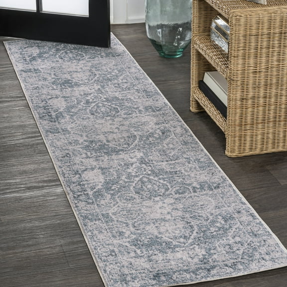 JONATHAN Y WASHABLE 2 x 8 Runner Rug, Shaii Global Medallion - Blue/Light Gray, WSH319A-28
