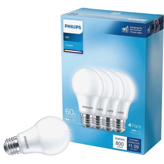 Philips LED A19 Light Bulb Daylight - 60W Equivalent, Medium Base - 4 Pack