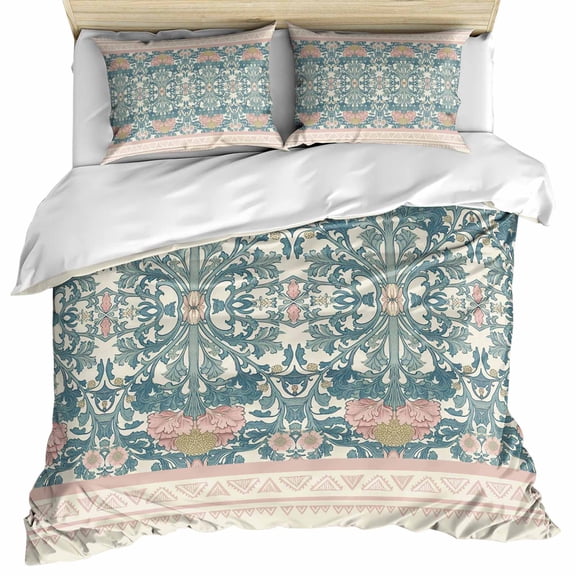 Teal Pink Geometric Bedding 3 Piece Duvet Cover Set Queen Size, Vintage Floral Watercolor Boho Soft Microfiber Comforter Cover with Zipper Closure & Pillowcases, Wrinkle & FadeResistant Quilt Cover