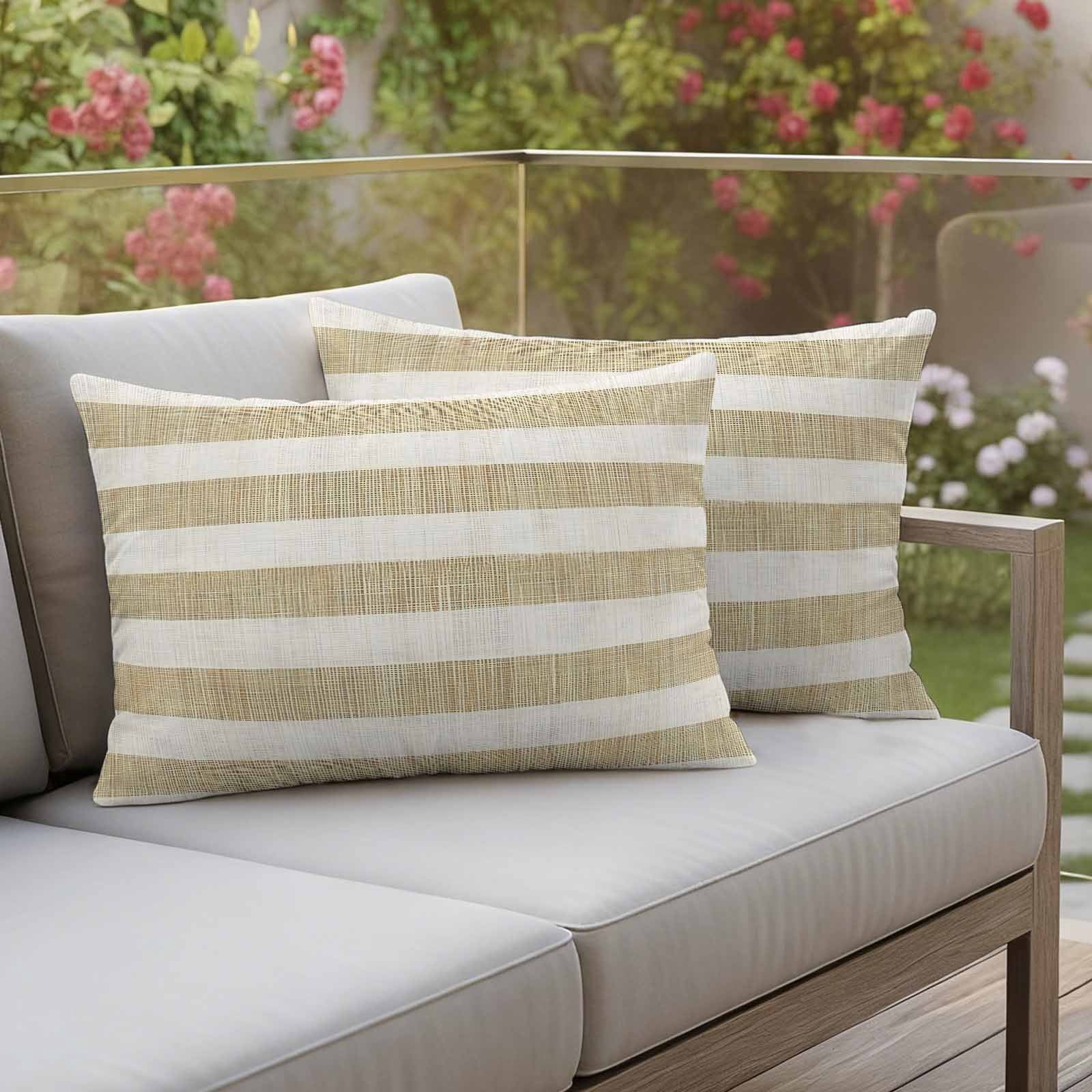Cream Striped Outdoor Waterproof Pillow Covers, Farmhouse Vintage Brown Stripes Decorative Rectangle Throw Pillowcase Sofa Cushion Sham for Patio/Couch/Chair, 20"x12" 2 Pack