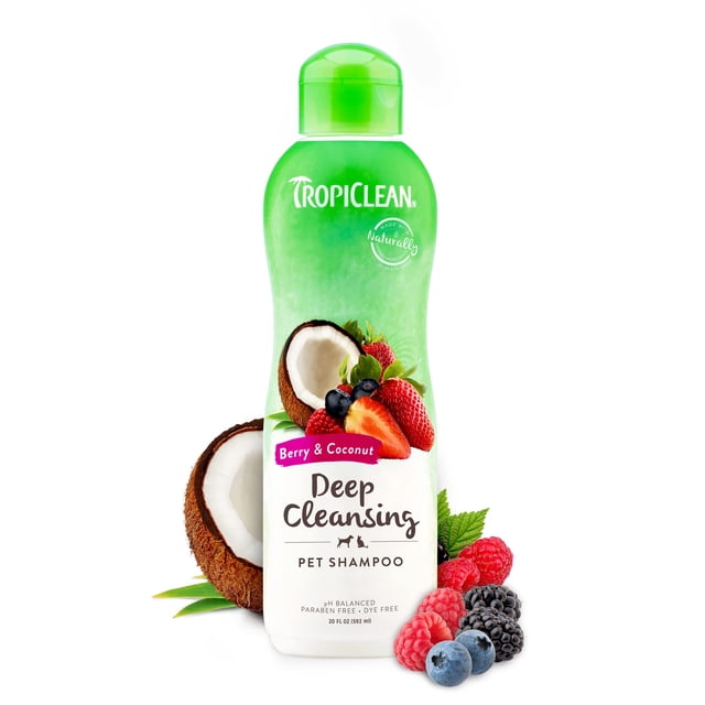 champú para perros tropiclean de limpieza profunda con bayas y coco 590 ml botella frontal verde de 590 ml con tapa abatible, etiqueta blanca con logo TropiClean y gráficos de coco, fresa, frambuesa y arándanos; envase señala aroma bayas y coco y función desodorizante natural; fondo blanco, producto centrado.