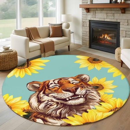 Funny Tiger Sunflower Round Living Room Rugs 8 ft Cartoon Summer Animal Floral Washable Large Area Rug with Non-Slip Sturdy Edge Binding Round Carpet for Dining Room Kitchen Office