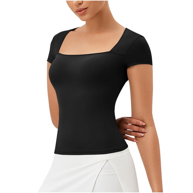 Plebaso Hauts à Manches Courtes et Encolure Carrée pour Femmes, T-Shirts Ajustés Décontractés Couleur Unie Mode 2025 pour Sortir