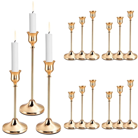 15 Pcs 3 Sizes Gold Taper Candle Holders,Decorative Candlestick Holder,Metal Candle Stand,Candlestick Holder Set for Home Decor, Wedding, Dinning, Party, Anniversary