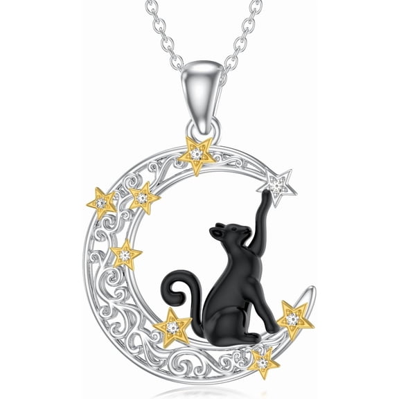 AOBOCO Diamond Black Cat Necklace for Women 925 Sterling Silver Cat on Moon and Star Pendant Necklace with Lab Grown Diamonds Jewelry Gifts