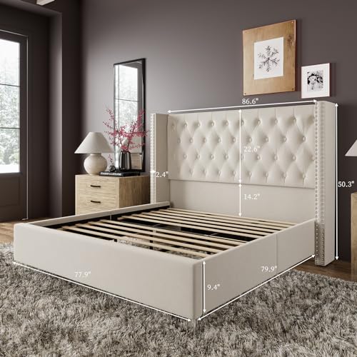 VanAcc King Upholstered Platform Bed Frame with Headboard, No Box Spring Needed, Cream