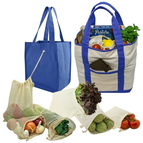 Simple Ecology Organic Reusable 8 Bag Grocery Shopping Starter Set - Blue