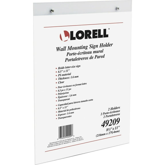 Lorell Wall-mounted Sign Holder - Support 8.50" X 11" Media - Acrylic - 1 / Pack - Clear
