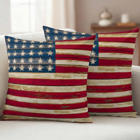 American Flag Vintage Outdoor Waterproof Throw Pillow Covers 16x16 Set of 2, Brown Red Stripes US Flag Decorative Pillowcases Cushion Pillowcase for Couch Sofa Patio Outside Pillow Protector