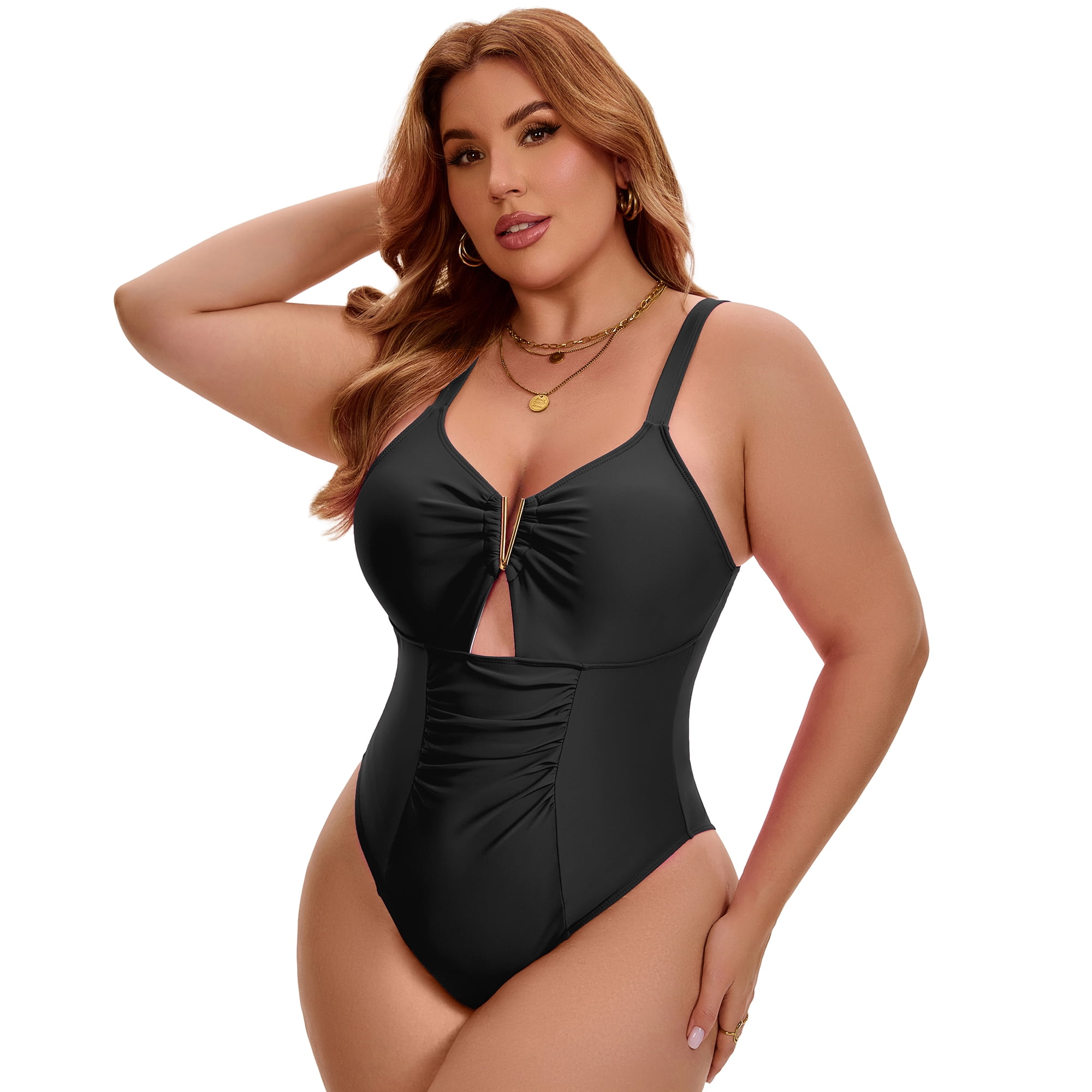 DARING DIVA Women's Plus 1 Piece V-Wire Cutout Push Swimsuit L Black