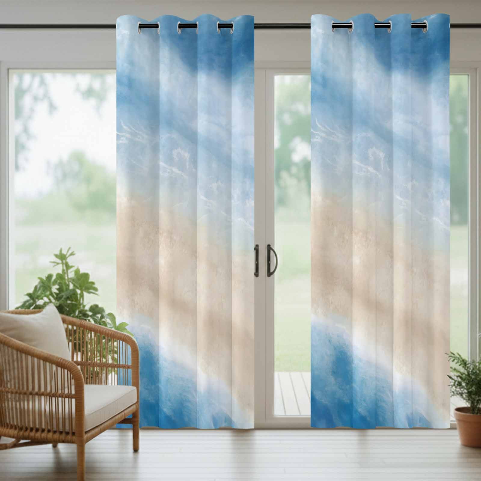 Summer Beach Outdoor Curtains for Patio, Dark Blue Gradient Ocean Wave Beige Sand Abstract Sunshade Privacy Drapes Grommet Waterproof Outside Curtains for Porch/Cabana/Balcony 54"x 108", 1 Panel