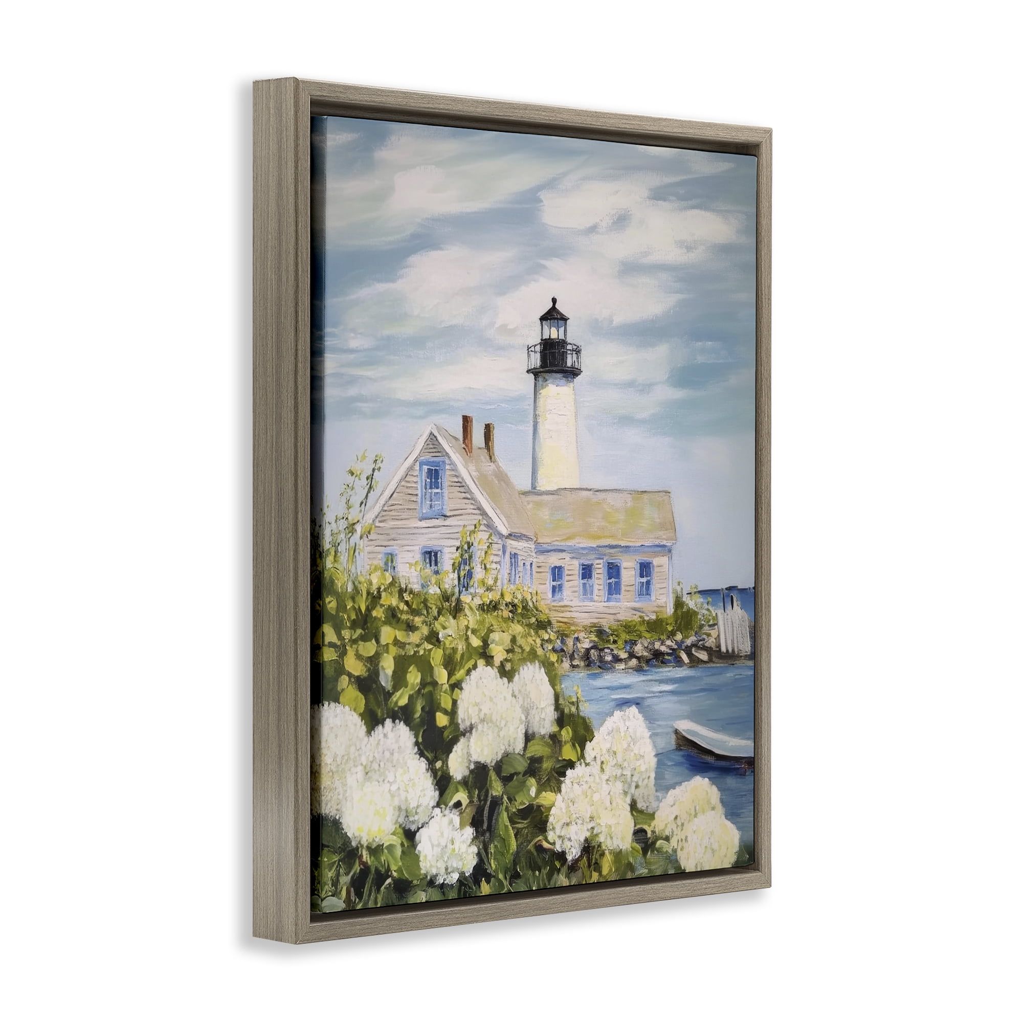 Stupell Industries Lighthouse Scenery with Hydrangeas Brown Framed Floater Canvas Wall Art, design by Sisi and Seb