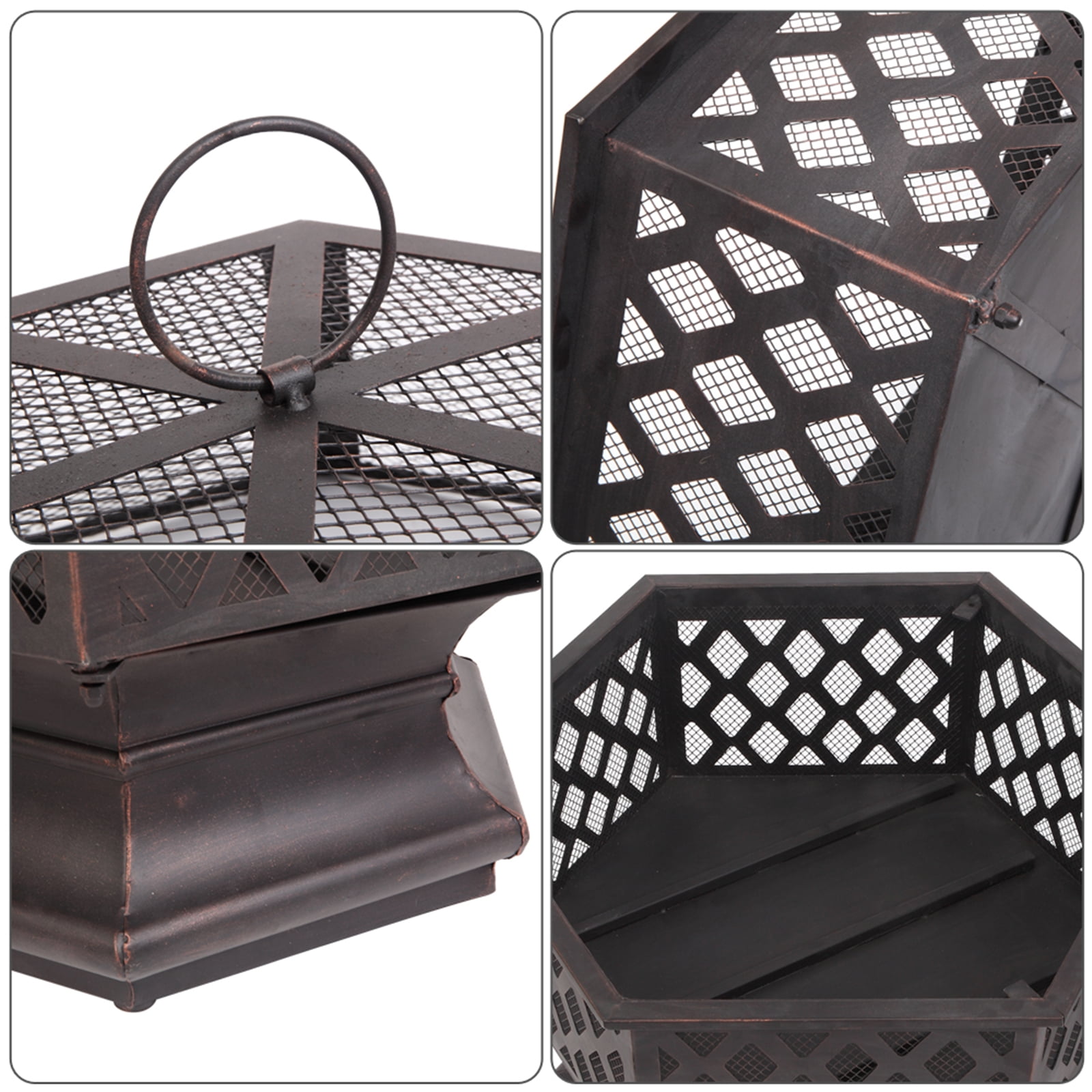 22" Hexagonal Iron Brazier, Deep Fire Pit with Spark Guard, Heat-Resistant Paint, Lightweight for Yard,Poolside,Backyard, Distressed Bronze