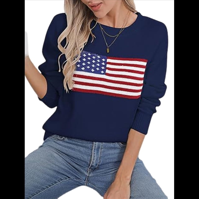 Suéter Informal Holgado de Larga con Cuello Redondo y Estampado de Bandera para Mujer. Azul XXL