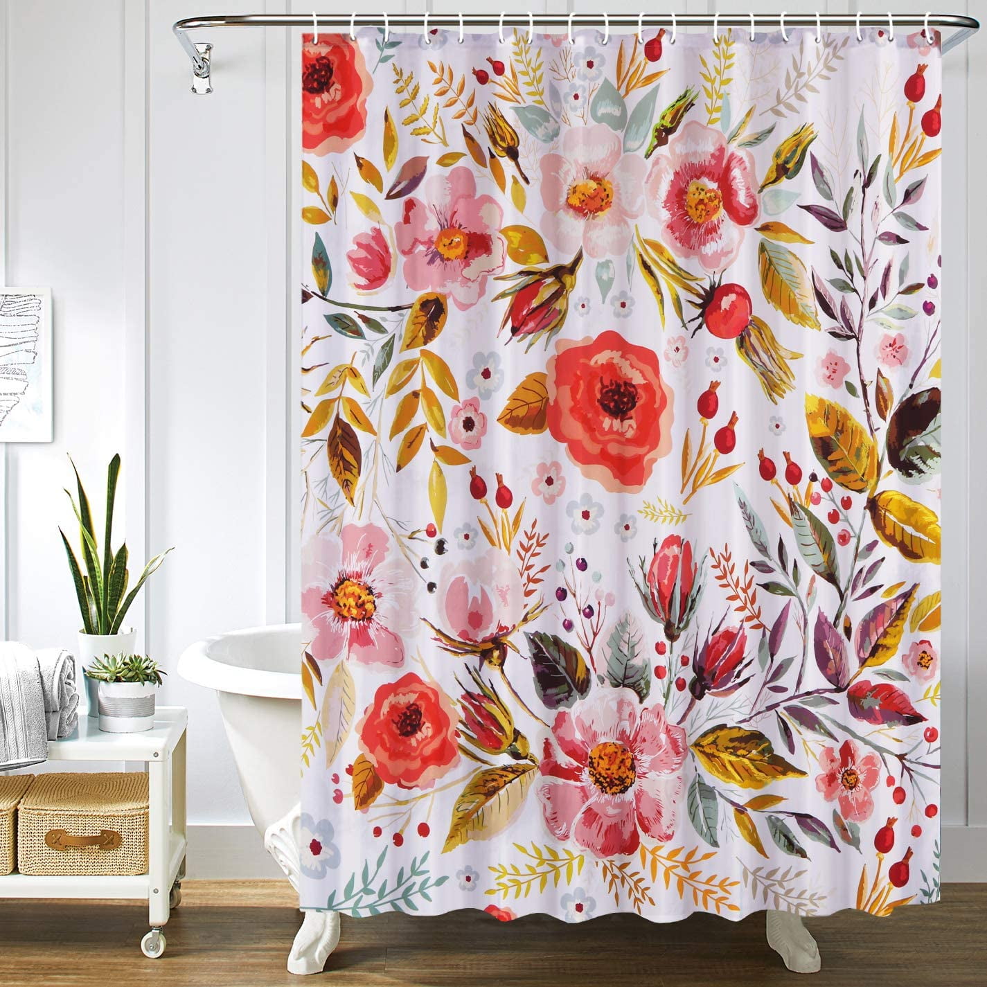 Uphome Floral Fabric Shower Curtain Rose Black and Purple 72"W x 78"H 