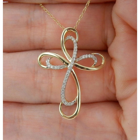 1Ct Round Cut Lab Created Diamond Curve Double Layer Cross Pendant 14k Yellow Gold Plated