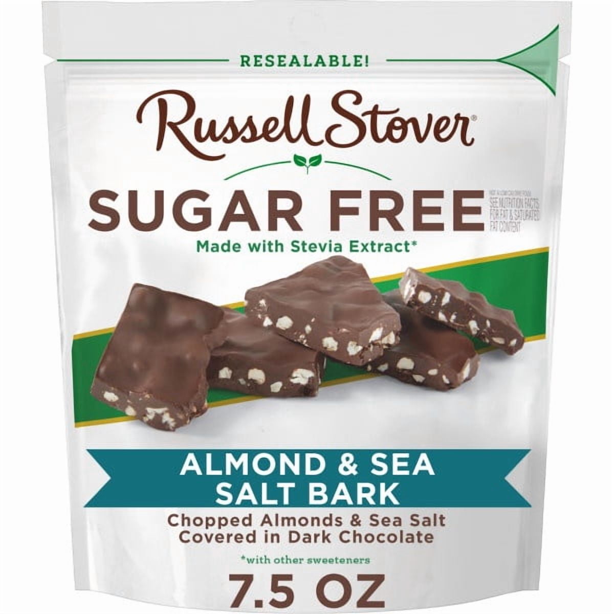 RUSSELL STOVER Sugar Free Dark Chocolate Almond & Sea Salt Bark, 7.5 oz bag (≈ 24 pieces)