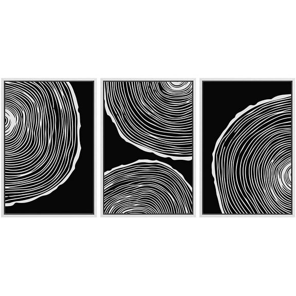 PixonSign Framed Canvas Print Wall Art Set Duotone Geometric Wood Ring Circle Collage Abstract Shapes Illustrations Modern Art Boho Decorative for Living Room, Bedroom, Office - 16"x24"x3 WHITE
