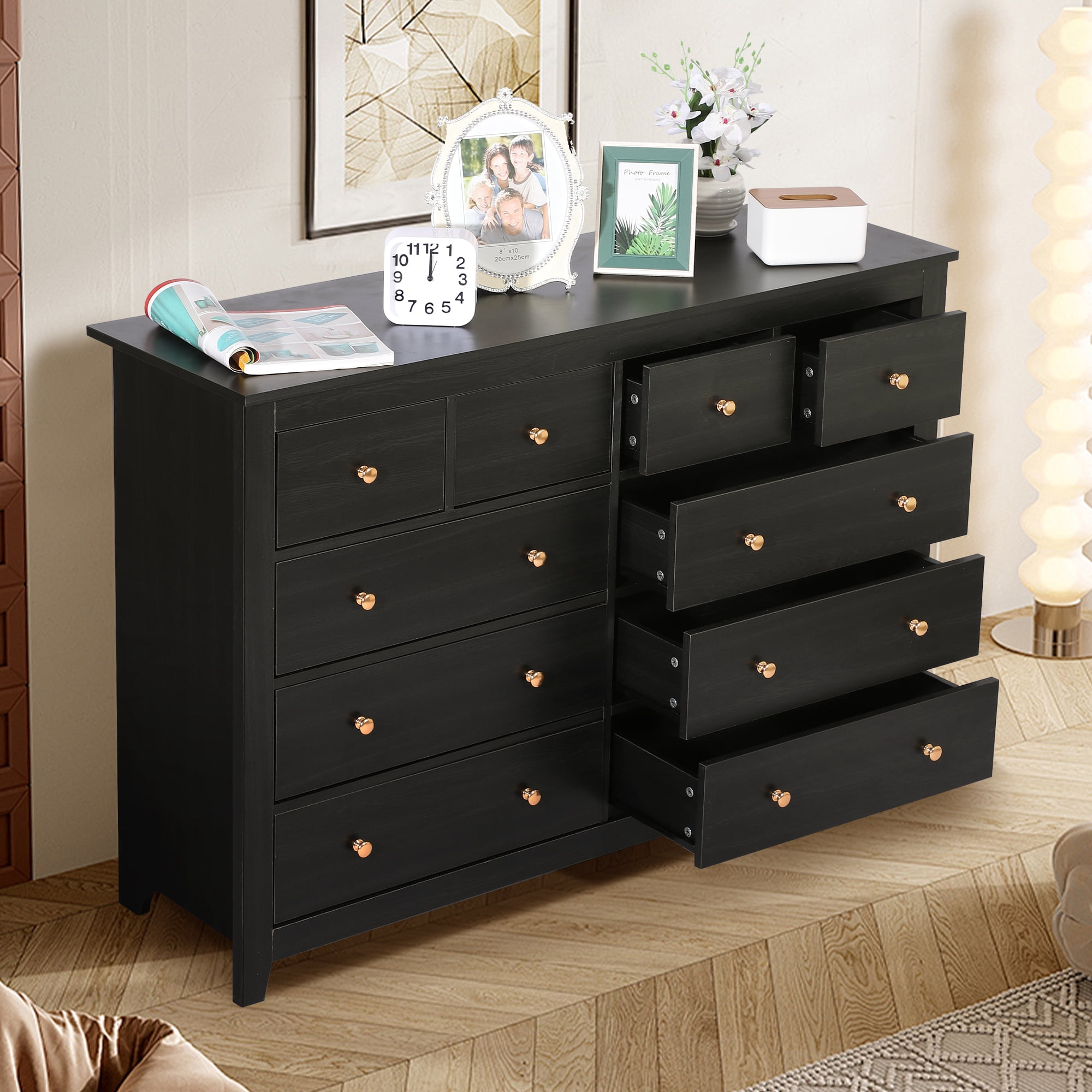 Magic Union 10 Drawer Double Dresser with Metal Handles and Various Size Wide Deep Drawers,Smooth Metal Rail,Modern and Contemporary Wood Dresser Chest for Bedroom,Living Room,Closet,Black