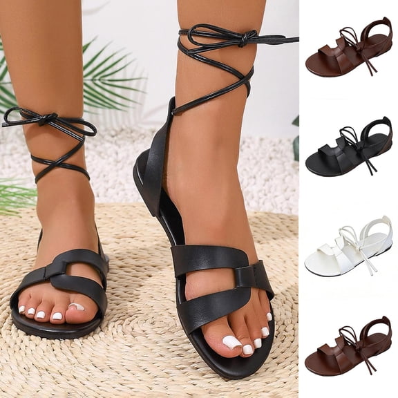Women Shoes Wide Width Sandals for Women Faux Leather Open Toe Flat Lace Up Ankle Wrap Sandals Comfort Lightweight Boho Summer Casual Beach Flats Shoes for Women Large Size