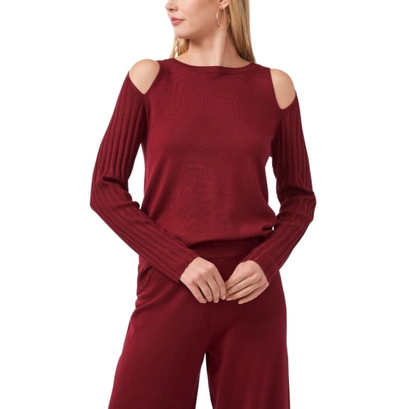 VINCE CAMUTO Womens Maroon Stretch Ribbed Cold Shoulder Long Sleeve Round Neck Sweater S