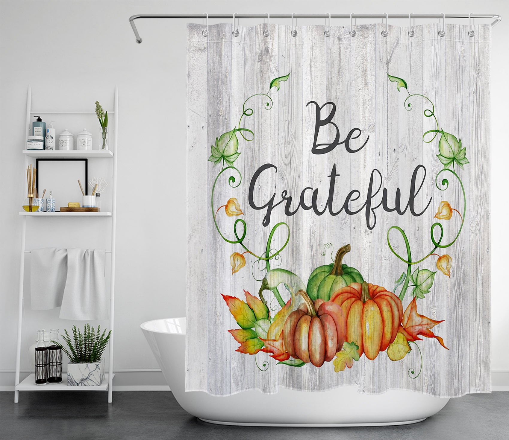 HVEST Fall Pumpkin Shower Curtain, Autumn Green Vine Plant Pumpkin and Maple Leaves on Retro Rustic Planks Shower Curtain for Bathroom, Waterproof Polyester Fabric Bath Curtain with Hook, 60X72 inch