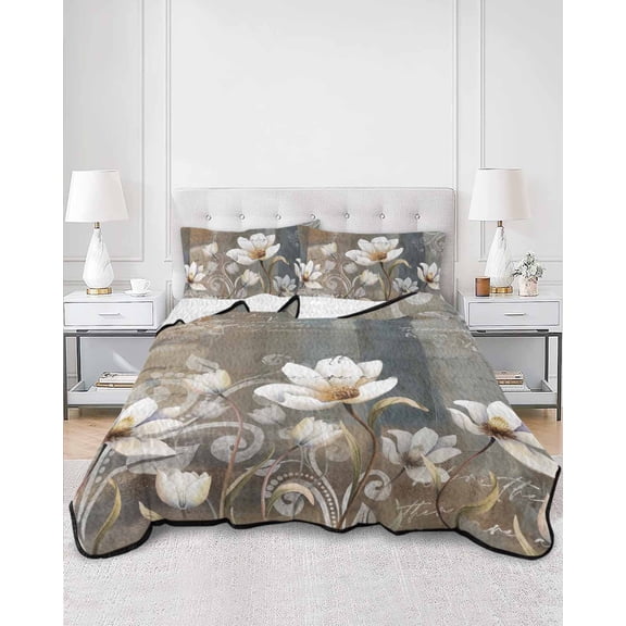 Quilts Full Size, Brown Grey Floral Soft Comforter Bedding Set for Bed, Spring Summer Botanical Vintage Lightweight Quilted Bedspread with Pillow Cover(2 Pieces) for All Season, 78x90 Inch